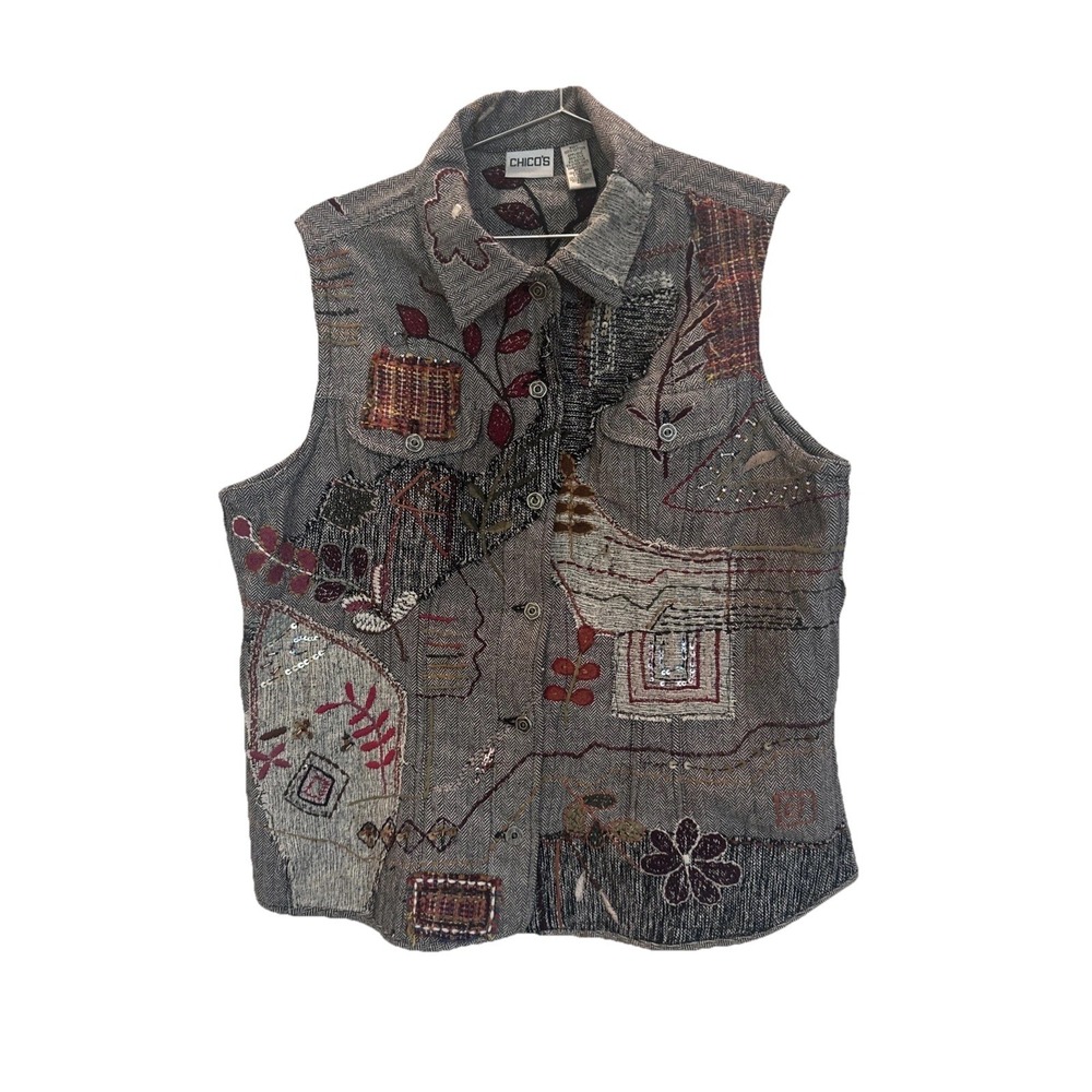 Chico's Y2K Embellished Vest Fall Tweed Beaded Funky Boho Art to Wear Sz 2 L XL